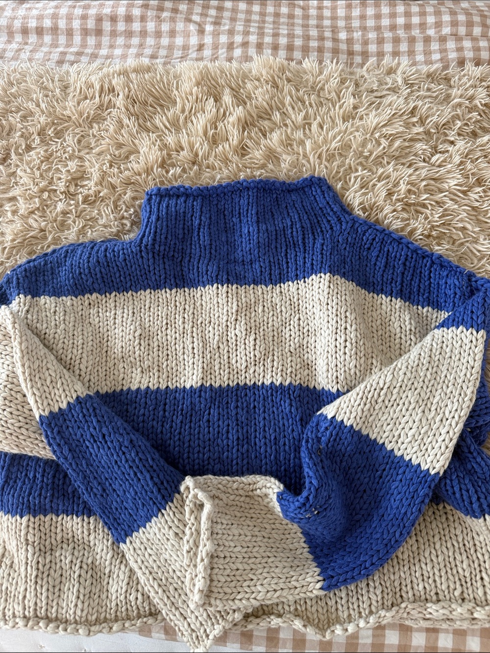Free People Blue and Cream Striped Rollneck Sweater
